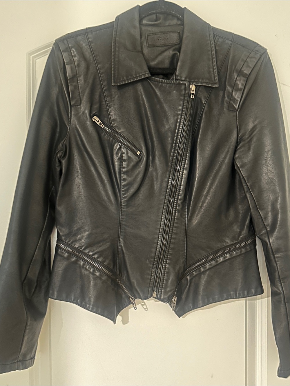 Blank NYC Women's Black Leather Moto Jacket - Classic Asymmetrical Zip